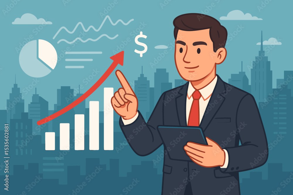 Businessman in Suit Presenting Growth Strategy with Digital Tablet, Bar Graph Chart, Rising Arrow, Financial Success and Profit Increase, Urban City Skyline, Analytics, Finance Concept Businessman in Suit Presenting Growth Strategy with Digital Tablet, Bar Graph Chart, Rising Arrow, Financial Success and Profit Increase, Urban City Skyline, Analytics, Finance Concept
