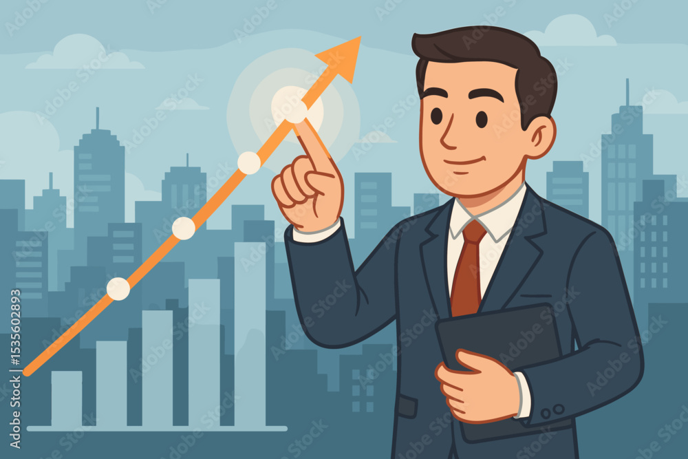 Businessman Analyzing Growth Strategy with Rising Arrow Graph, Financial Success, Increasing Profits, Bar Chart Data, Corporate Development, Urban Skyline, Economic Progress, Leadership Concept Businessman Analyzing Growth Strategy with Rising Arrow Graph, Financial Success, Increasing Profits, Bar Chart Data, Corporate Development, Urban Skyline, Economic Progress, Leadership Concept