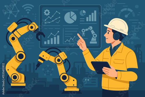 Industrial automation engineer controlling robotic arms with digital tablet in smart factory. Modern manufacturing technology, data analytics, Industry 4.0, production process, innovation concept