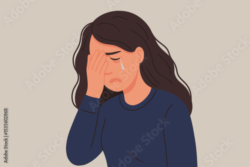 Sad woman with long hair holding head in hand, emotional stress, anxiety, depression, mental health struggle, solitude, female portrait, psychological distress, sadness, solitude concept illustration