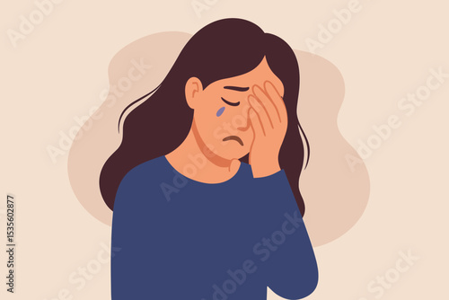Sad woman with long dark hair in blue shirt comforting herself. Emotional stress, depression, anxiety, loneliness, mental health problem, psychological distress, sadness, solitude, vector illustration
