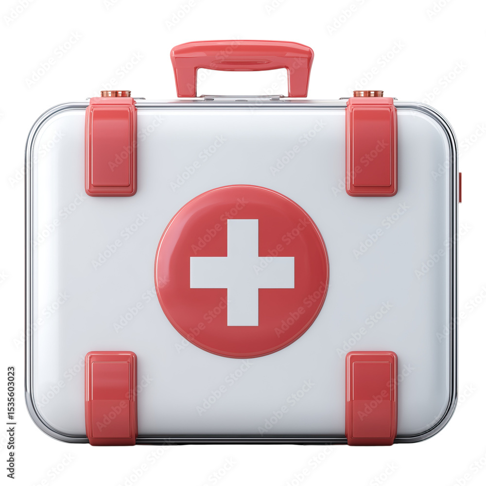 Fototapeta premium Red and white emergency first aid container isolated on png transparent background