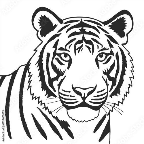 Striking black and white illustration of a majestic tiger with intricate striped details