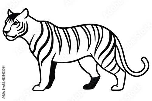 Striking black and white illustration of a powerful tiger in a standing pose