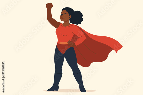 Confident African American Female Superhero Standing Strong in Red Cape, Empowerment and Strength, Woman Power, Leadership, Diverse Hero, Inspirational Character, Comic Style Illustration