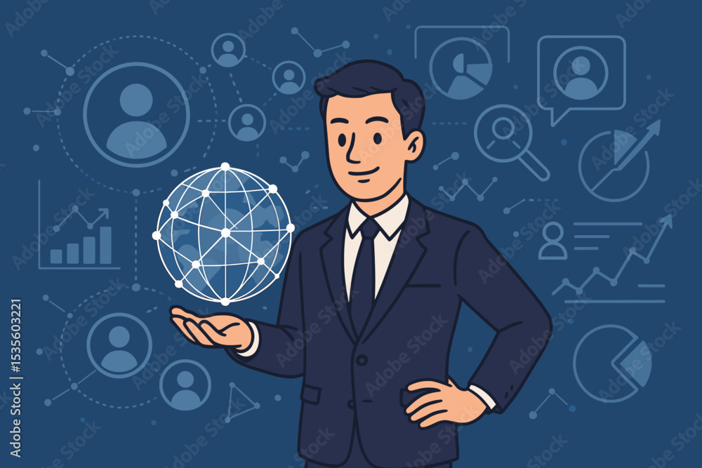Businessman Hand Holding Global Network Sphere. Strategic Global Business Management, Digital Transformation, Analytics, Data Visualization, Leadership, Corporate Success Concept Illustration Businessman Hand Holding Global Network Sphere. Strategic Global Business Management, Digital Transformation, Analytics, Data Visualization, Leadership, Corporate Success Concept Illustration