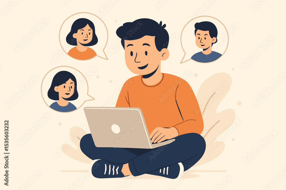 Remote work online communication teamwork. Man using laptop computer video chat meeting with colleagues. Virtual collaboration technology. Social interaction digital workspace concept illustration Remote work online communication teamwork. Man using laptop computer video chat meeting with colleagues. Virtual collaboration technology. Social interaction digital workspace concept illustration