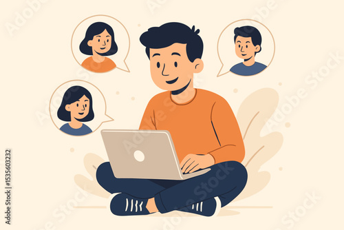 Remote work online communication teamwork. Man using laptop computer video chat meeting with colleagues. Virtual collaboration technology. Social interaction digital workspace concept illustration