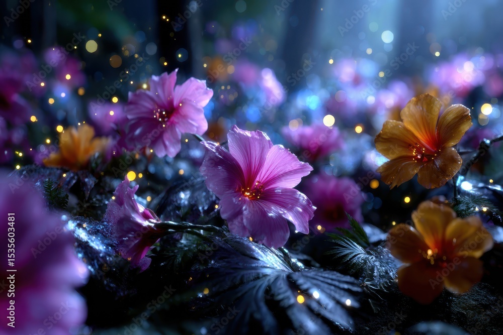Magical garden with vibrant flowers illuminated by soft light in a night setting Magical garden with vibrant flowers illuminated by soft light in a night setting