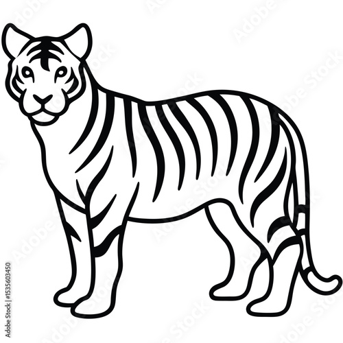 Striking black and white illustration of a majestic tiger in a standing pose
