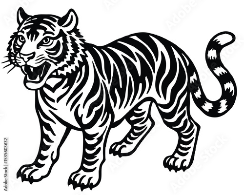 Striking black and white illustration of a roaring tiger prowling with powerful presence