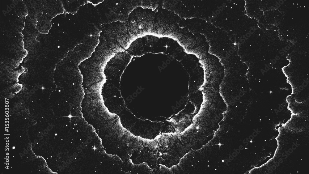 Amazing huge massive black hole surrounded by a cosmic nebula. Gravitational pull of the universe in a cosmic cloud storm of light and shadows. Dotwork. Pointillism. Dots shading. Vector illustration