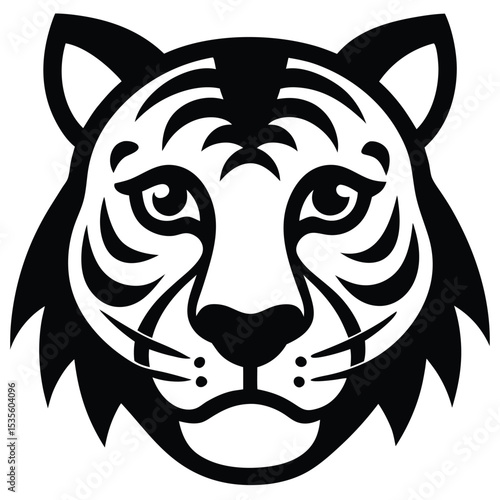 Striking black and white vector illustration of a tiger head with detailed facial features