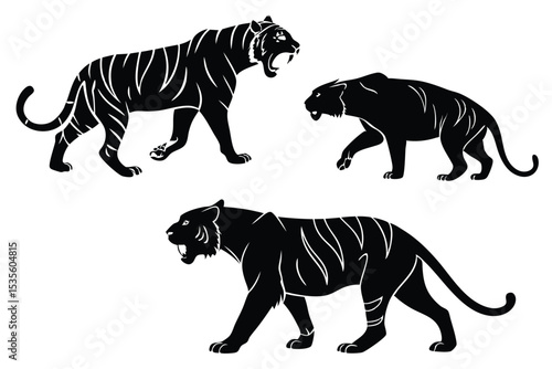 Three silhouetted tigers in black and white poses against a clean white background