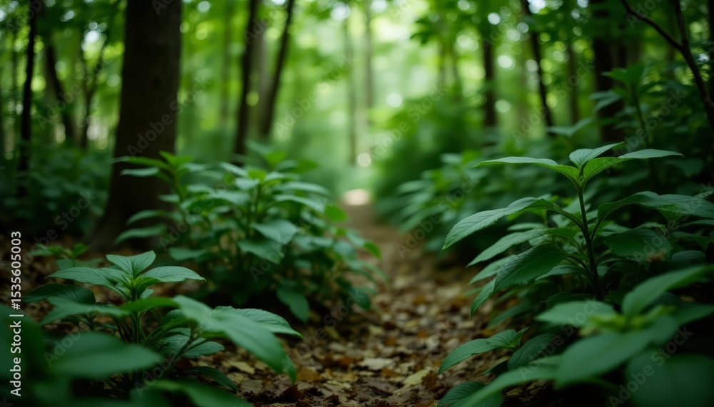 Fototapeta premium A captivating canopy of green, sunlight filters through dense forest foliage lush