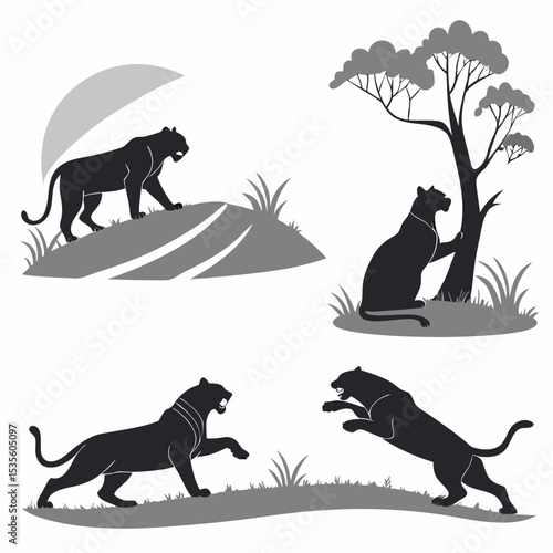 Vector illustration of black panther silhouettes in various poses and natural settings