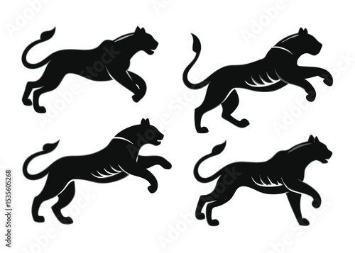 Vector illustrations of black panther silhouettes in different poses against a white background