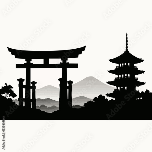 Ancient Asian architecture of a Japanese temple in the sky, a pagoda in the park, and a Shinto shrine gate with a Torii on the water, reflecting the cultural landscape at sunset