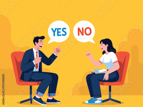 Yes, No argument or disagreement, conflict fight debate, dilemma, dispute or office rivalry war, struggle, negative discussion concep