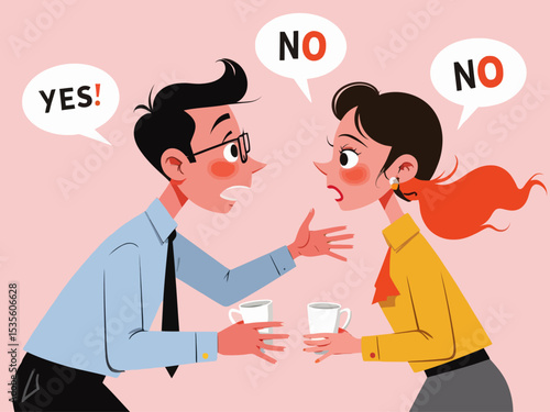 Yes, No argument or disagreement, conflict fight debate, dilemma, dispute or office rivalry war, struggle, negative discussion concep