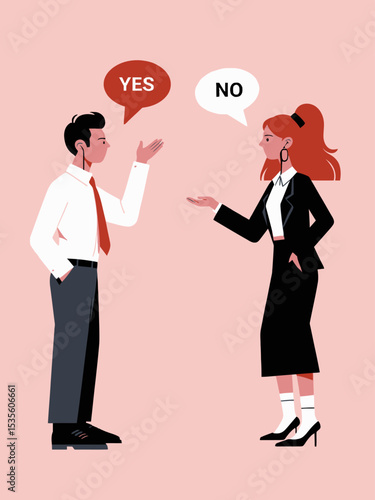 Yes, No argument or disagreement, conflict fight debate, dilemma, dispute or office rivalry war, struggle, negative discussion concep