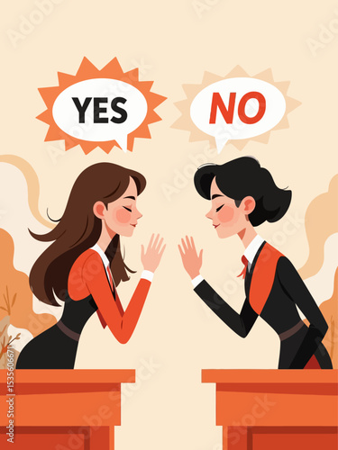 Yes, No argument or disagreement, conflict fight debate, dilemma, dispute or office rivalry war, struggle, negative discussion concep