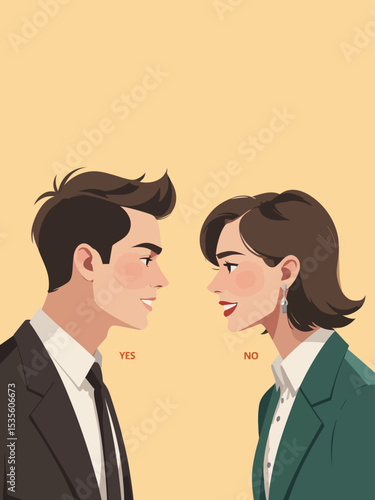 Yes, No argument or disagreement, conflict fight debate, dilemma, dispute or office rivalry war, struggle, negative discussion concep