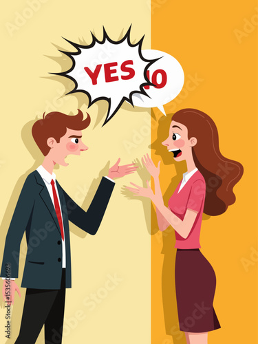 Yes, No argument or disagreement, conflict fight debate, dilemma, dispute or office rivalry war, struggle, negative discussion concep