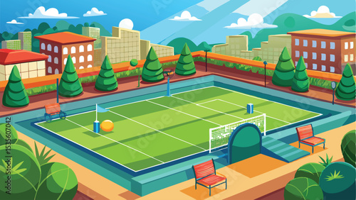 Cartoon Tennis Court with Cityscape Backdrop, Green Field, Orange Chair, and Blue Sky