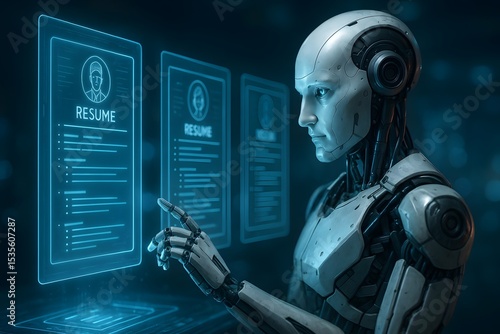 Robot reviewing digital resumes artificial intelligence recruitment