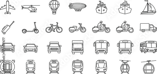 Transportation icon set with adjustable line weight