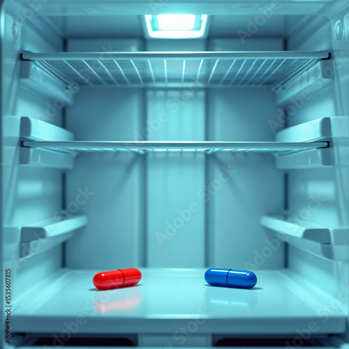 Red and Blue Pills in Empty Refrigerator – Choice Metaphor Concept