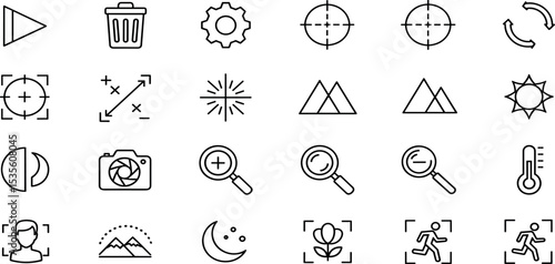 Camera Settings and Photography UI Vector Icon Set – Focus, Exposure, Timer, Contrast, Shutter Speed, Zoom, White Balance, Portrait Mode, Landscape Mode, Media Gallery, Tracker