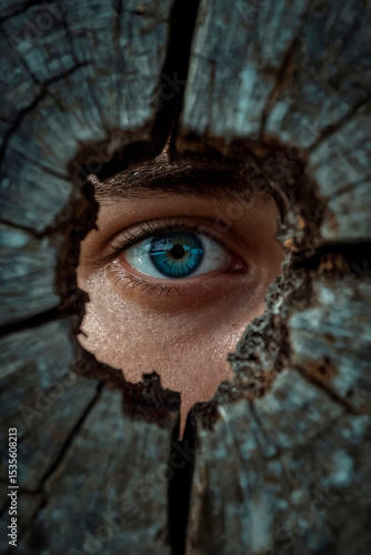 Blue Eye Peeking Through Hole in Wooden Wall – Mystery and Surveillance Concept