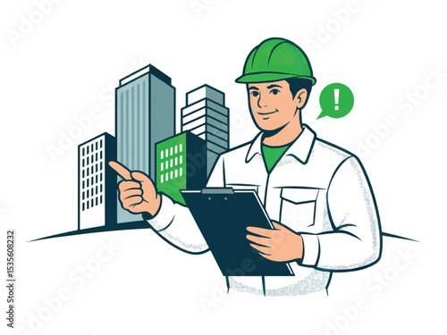 Vector cartoon illustration of construction worker inspecting buildings isolated on white background