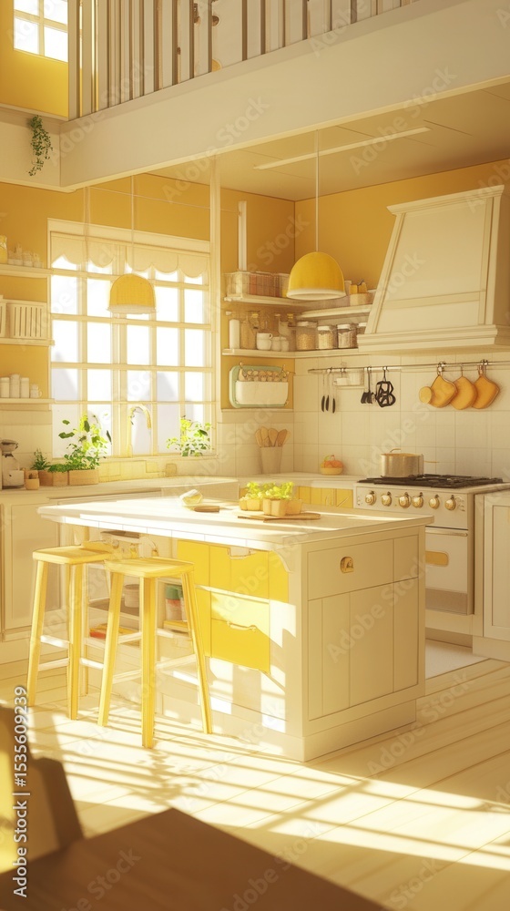 Fototapeta premium Bright Yellow Kitchen with Modern Design and Natural Light