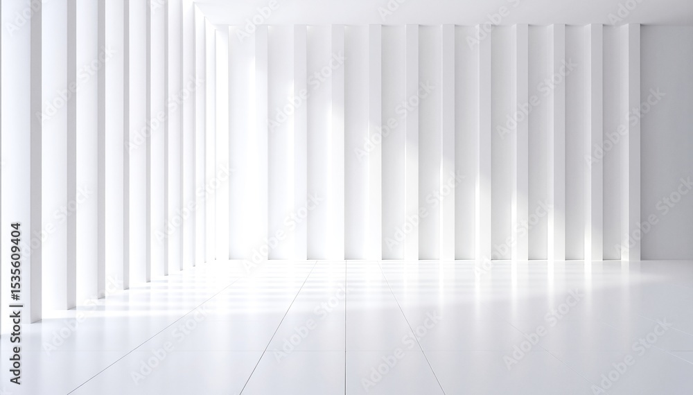 A spacious, white empty room featuring sleek vertical lines on the walls, illuminated by soft, diffused lighting, creating a serene and modern atmosphere. A spacious, white empty room featuring sleek vertical lines on the walls, illuminated by soft, diffused lighting, creating a serene and modern atmosphere.