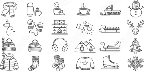 Winter Icon Collection Minimalist Line Art Symbols Including Snowflakes, Ice Skating, Hot Cocoa, Sledding, Snowman, Reindeer, Mittens, Christmas Tree, Winter Clothes. Adjustable Outline Weight