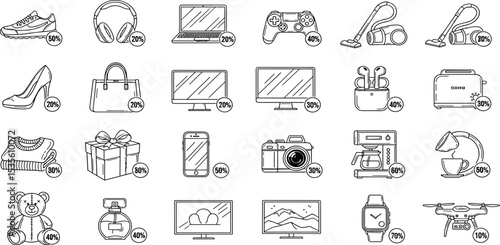 Black Friday Icon Set Electronics, Fashion, Home Appliances, Gadgets, Toys, and More - Perfect for Sales, Discounts, and Promotions