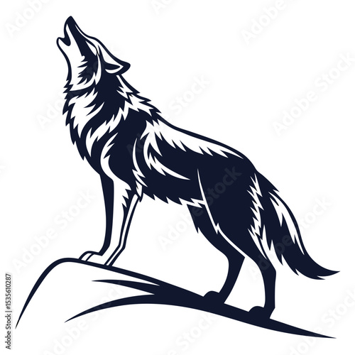 A majestic vector illustration of a howling wolf silhouette on a rocky outcrop