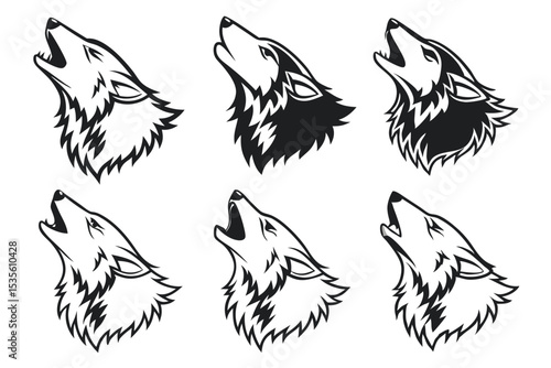 Artistic depictions of a howling wolf head in black and white for design and branding