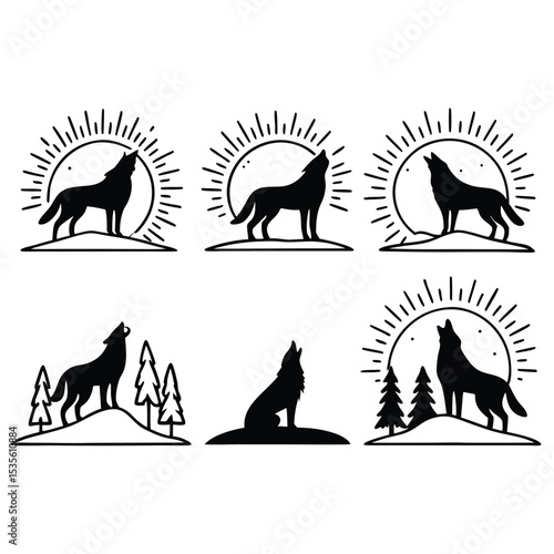 Black silhouette illustration of howling wolves surrounded by nature elements and sunlight designs