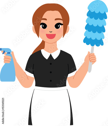 smile housekeeper woman with black uniform holding cleaning spray and duster illustration