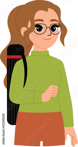 woman architecture wear eyeglasses with plastic drawing tube , plan blueprint inside illustration