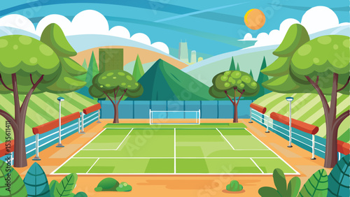 Sunny Cartoon Tennis Court Surrounded by Trees with City Skyline in the Background