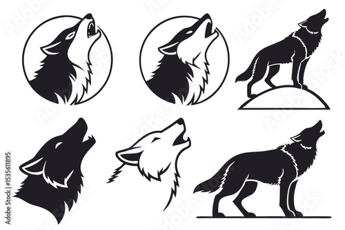 Collection of howling wolf silhouette designs for logos badges emblems and nature related projects