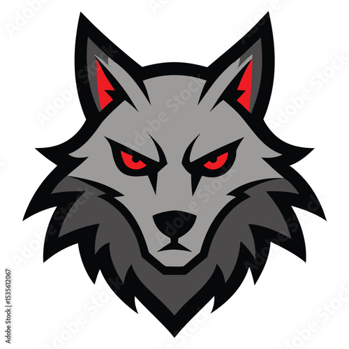 Fierce gray wolf mascot head with red eyes and threatening expression on white background