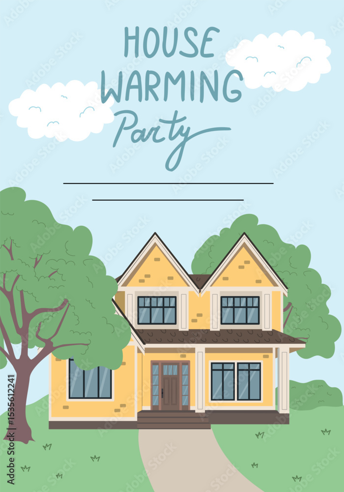 Fototapeta premium House Warming Party Invitation Card. Cute Vector Illustration of Cottage House Built on the Background of Nature 