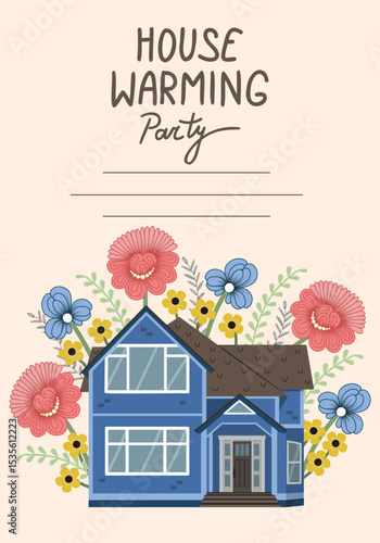 Housewarming Party Invitation Card. Cute Vector Illustration of Cottage House Built on the Background of Nature 