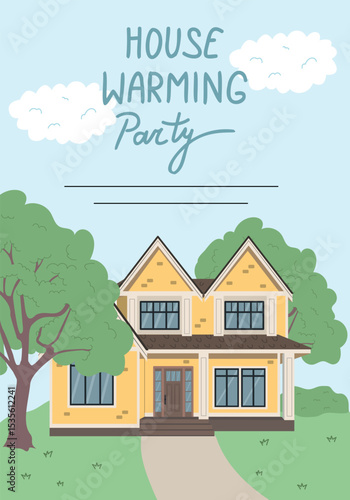 House Warming Party Invitation Card. Cute Vector Illustration of Cottage House Built on the Background of Nature 